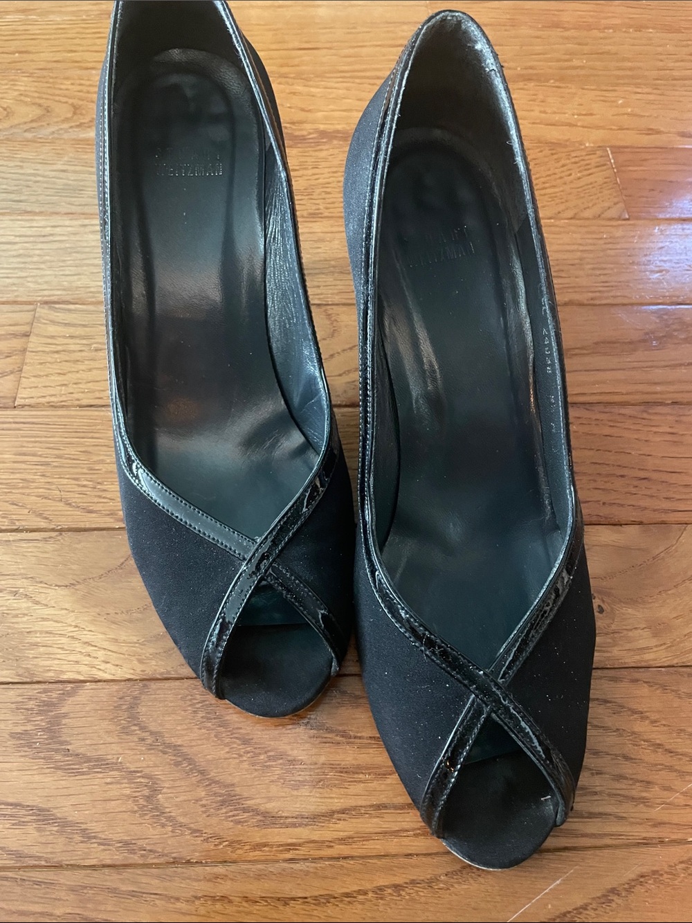 Stuart Weitzman Black Peep-Toe Crossover Pumps